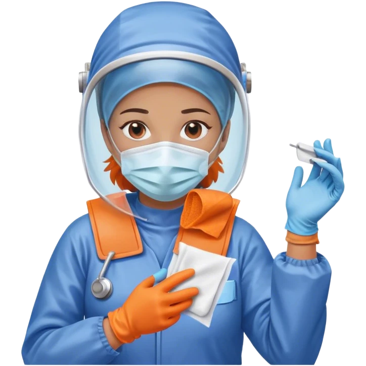 A meticulous cleanroom worker dressed in full protective gear, including a blue sterile suit, a face mask,  and orange gloves.  wipe  in her hand. emoji