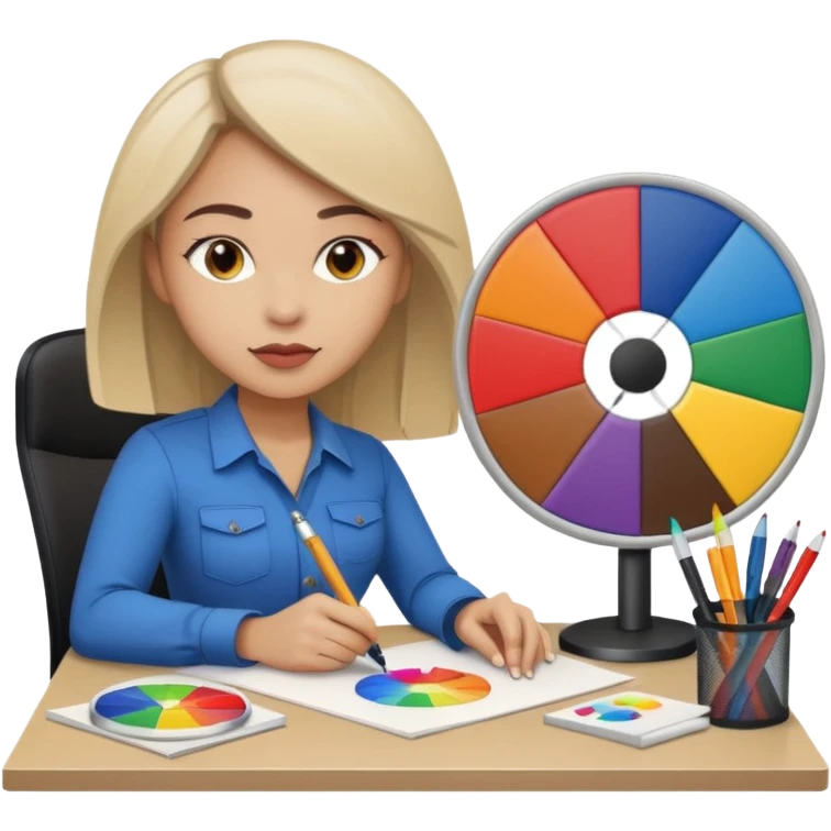 female graphic designer , color wheel, pens, papers , desktop emoji