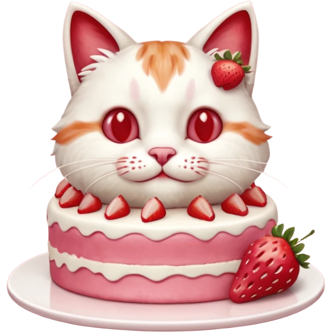 Close-up cinematic shot of a cat tasting strawberry cake, creamy frosting on its paws, dramatic soft lighting, warm tones, ultra detailed fur, shallow depth of field, professional photography style
, emoji