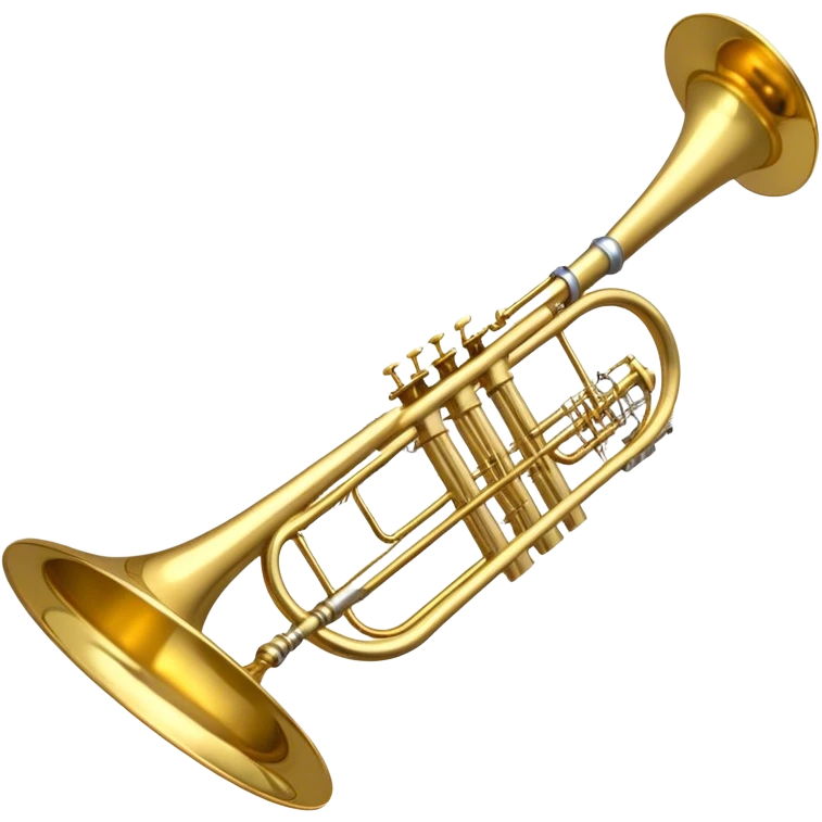 Create a refined emoji representing a trombone. The design should feature a gleaming trombone with its characteristic sliding mechanism and bell. Add musical notes flowing around the instrument to evoke its sound in a band or orchestra setting. Use gold, brass, and silver to highlight its professional appearance. The background should be transparent. emoji