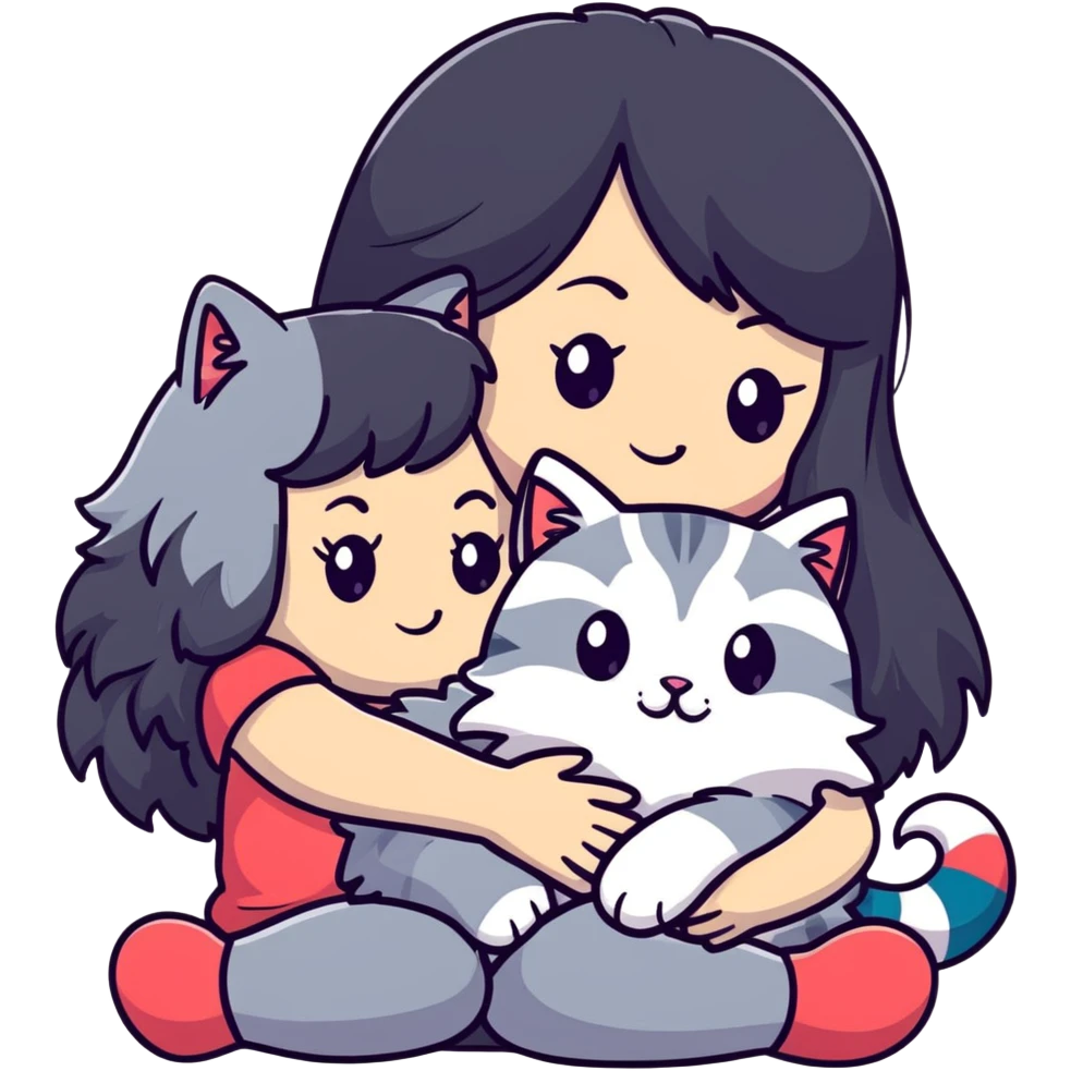 Girl with long black hair hugging a gray fluffy plush toy and a tricolor Maine Coon cat emoji