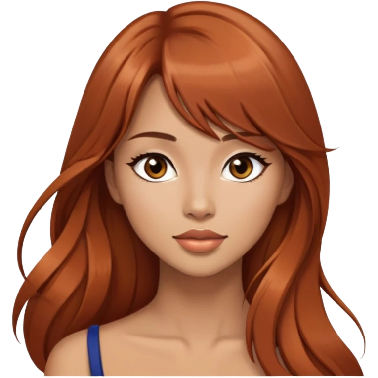 gorgeous woman, light tan skin, very long auburn hair, side bangs, black eyes, model, latina, asian, mixed emoji