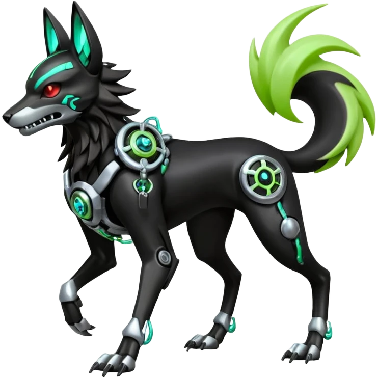 Hyper realistic skeletal black and neon green futuristic shiny colorful mechanical bioluminescent cyber-Cyborg-Poochyena-Lycanroc-Zorua-Litten-Houndoom-Fakémon-Pokémon-Digimon-hybrid-fusion (full body) with a skull face emoji