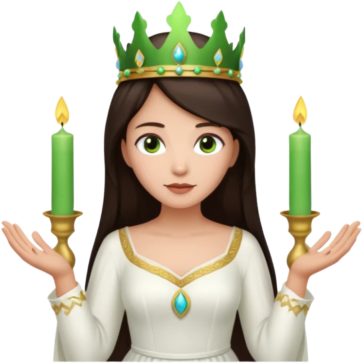  saint lucia with dark brown hair with a white gown and a green crown with candles on the crown emoji