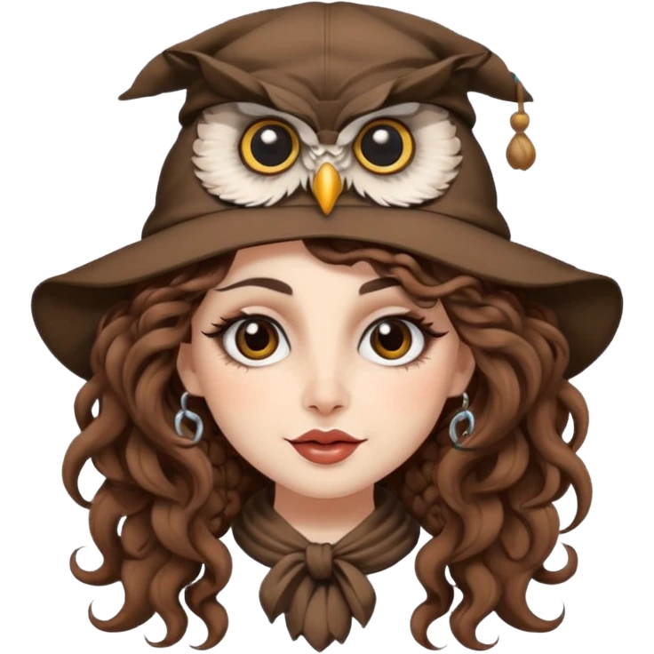 portrait woman long curly brown hair brown eyes white skin tattoos wearing owl hat oversized, playful wink emoji