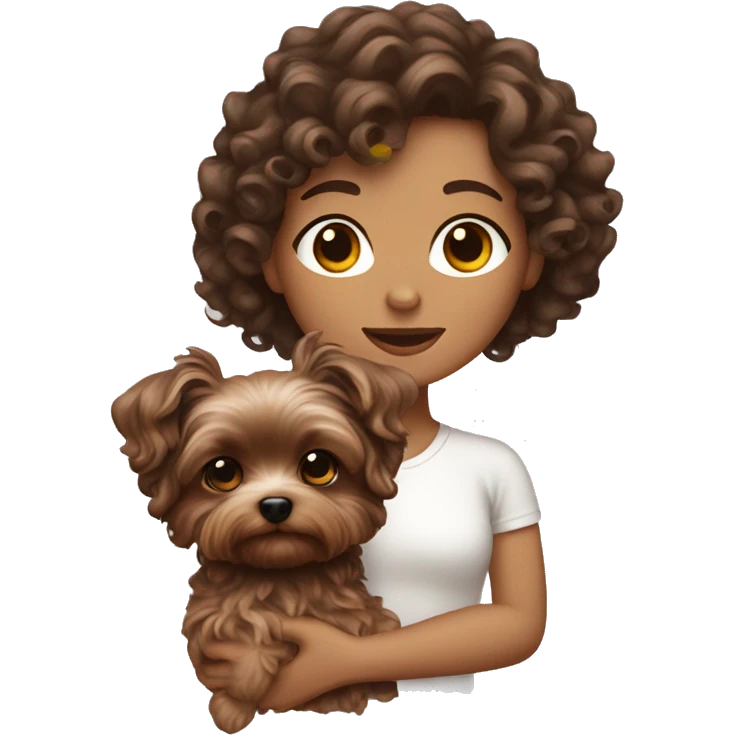 curly brunette hair, white women holding a cute yorkie dog emoji