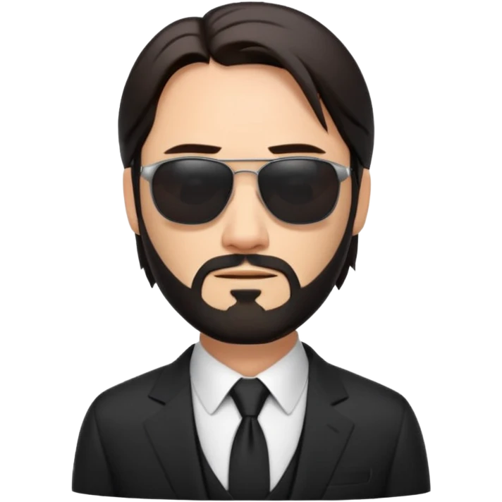 john wick as an apple-style emoji, with sunglasses, stoic face, black suit, beard emoji