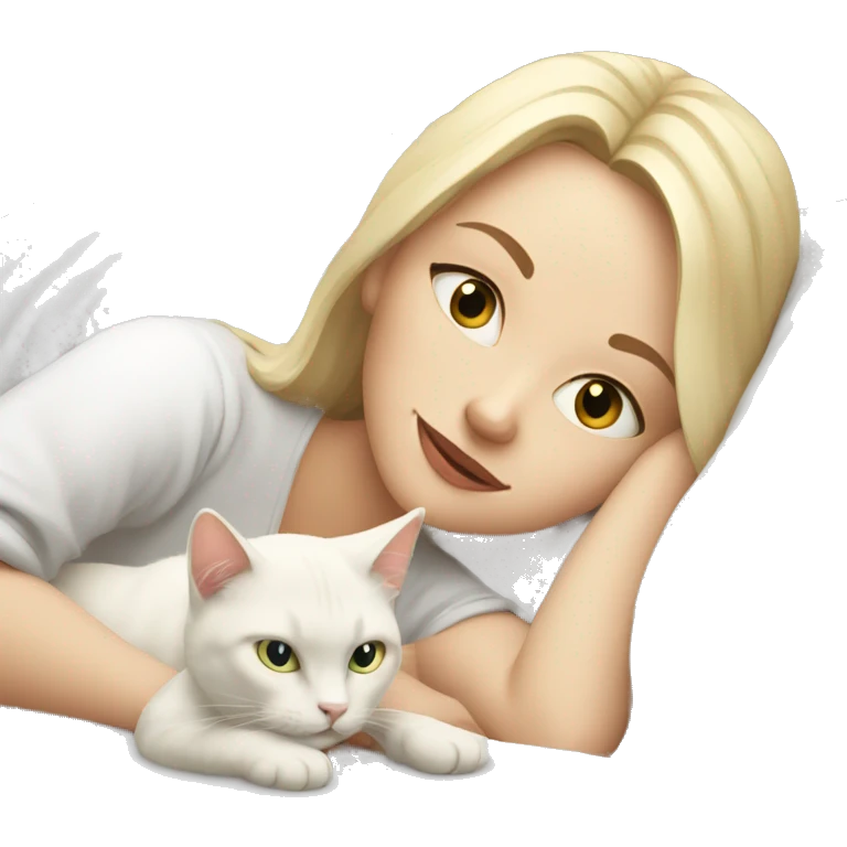 blonde girl lying in bed with a white cat emoji