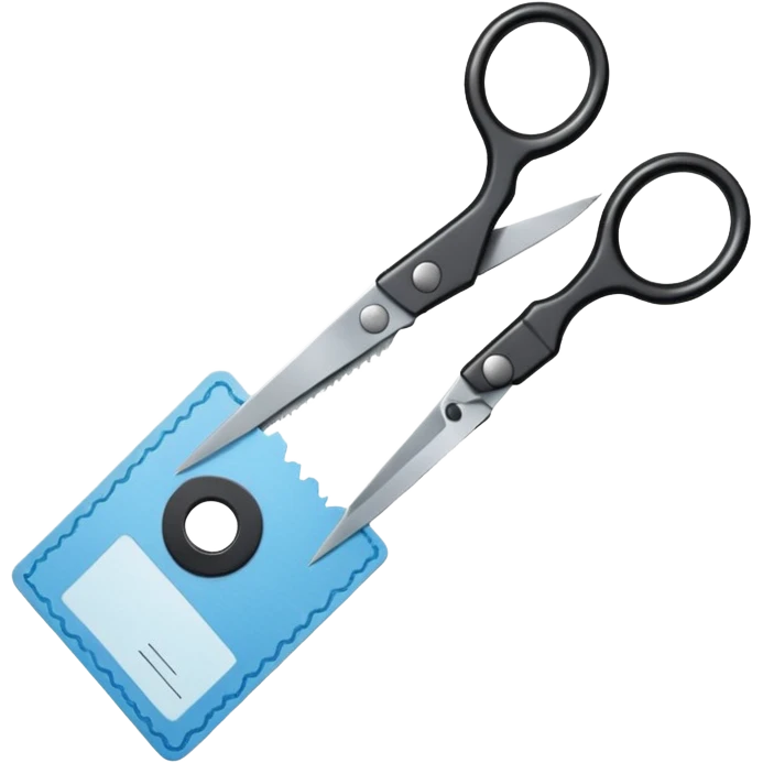 Floating black Scissors cutting a light blue idf ID card in 2 parts .hyper realistic emoji