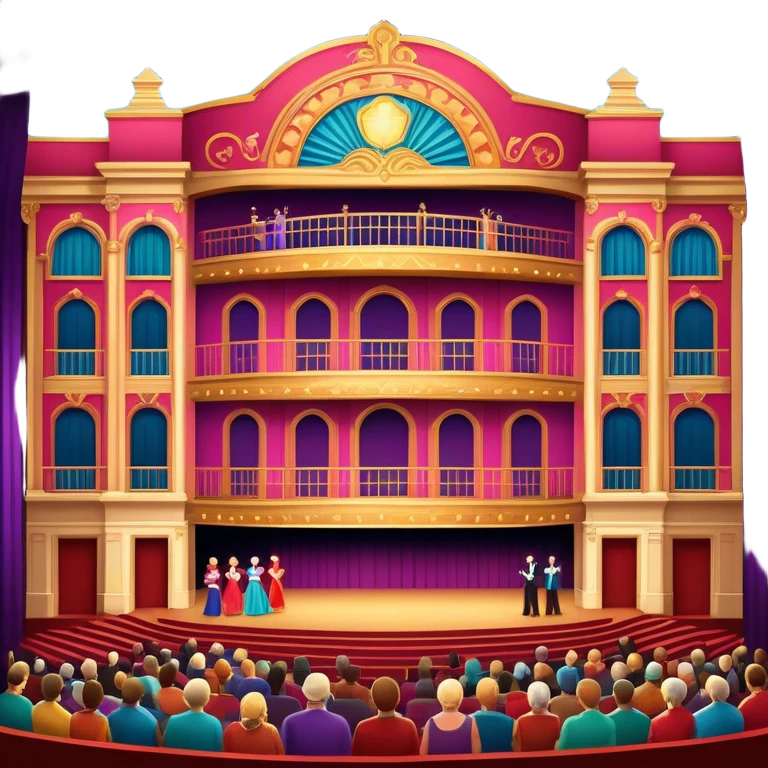 An icon showing a grand theater stage with actors performing in a vibrant play, surrounded by dramatic lighting. The audience watches from colorful balconies, adding to the lively atmosphere. The design captures the magic of live theater, set against a transparent background. emoji