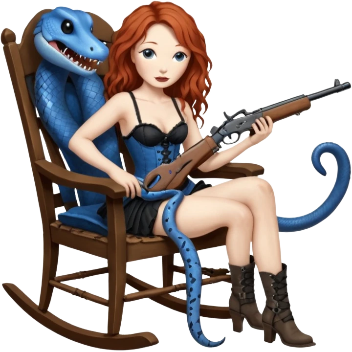 realistic cinematic Tori Amos sits on a rocking chair in a torn corset, holding an antique rifle and her bare feet are muddy. A blue snake is wrapped around the chair. emoji