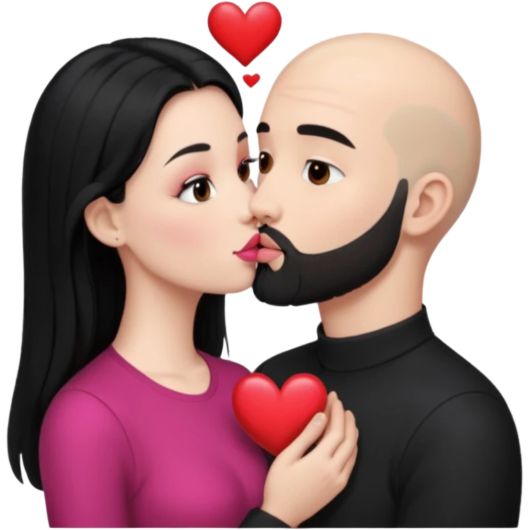 👩🏻‍❤️‍💋‍👨🏻 this one but the man should be bald. white woman with long black hair and white bald young man whoitiut hair and a heart between their heads. she has pink lips and both have brown eyes. he has e full beard but short. both wear black. they kiss slowly emoji