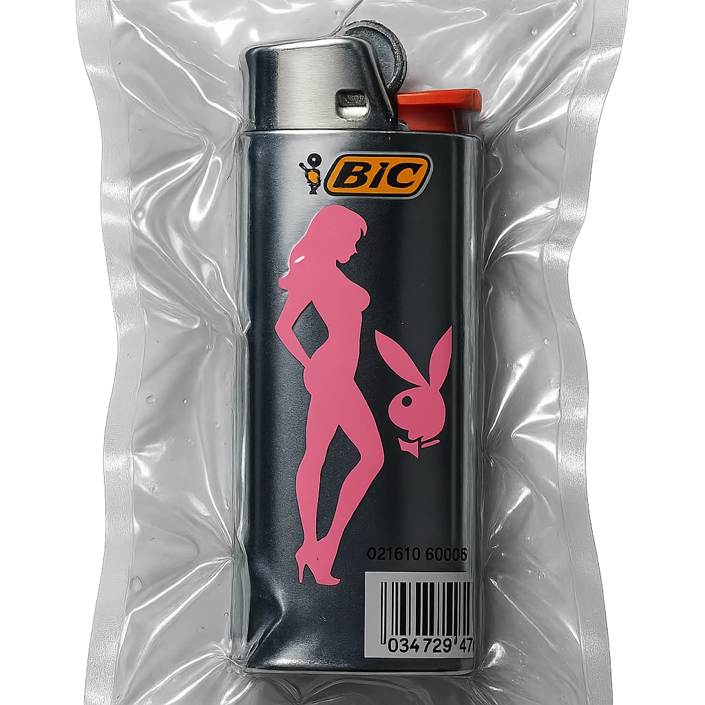 BIC lighter, shiny and inflated, with a modern Playboy model silhouette and pink accents emoji