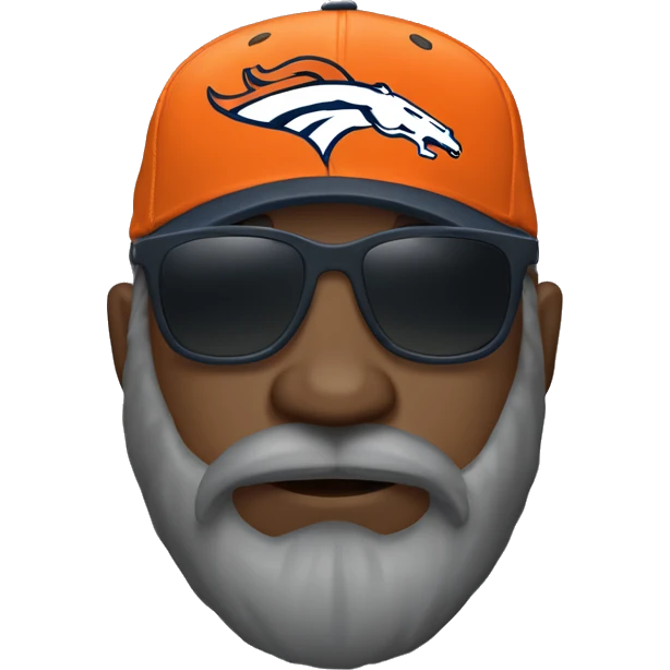 Bald black guy head dark grey long beard wearing Denver broncos cap and Jersey and sunglasses  emoji