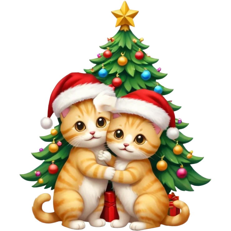 2 gold eyed cute hugging happy fluffy gold kittens with Santa hats by a colorful multicolored brightly lit up Christmas tree emoji