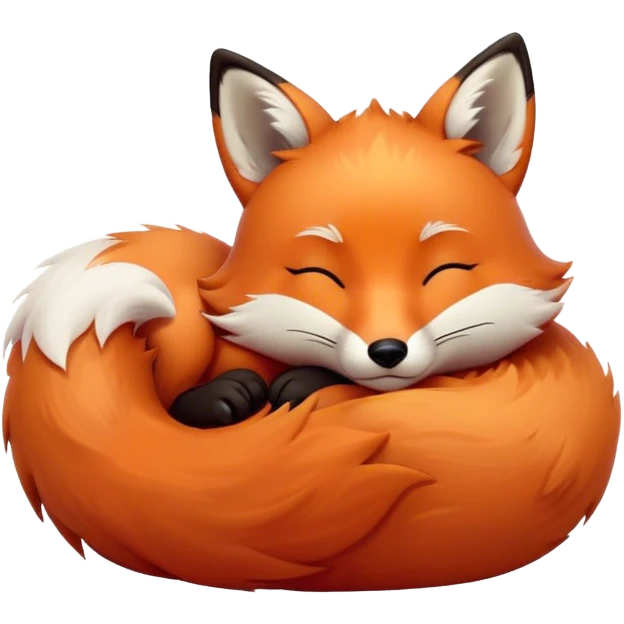 Cinematic cute sleepy fox, curled into a cozy fluffy ball, warm glowing fur, tiny black nose resting on its tail, soft breathing visible, peaceful and charming. emoji