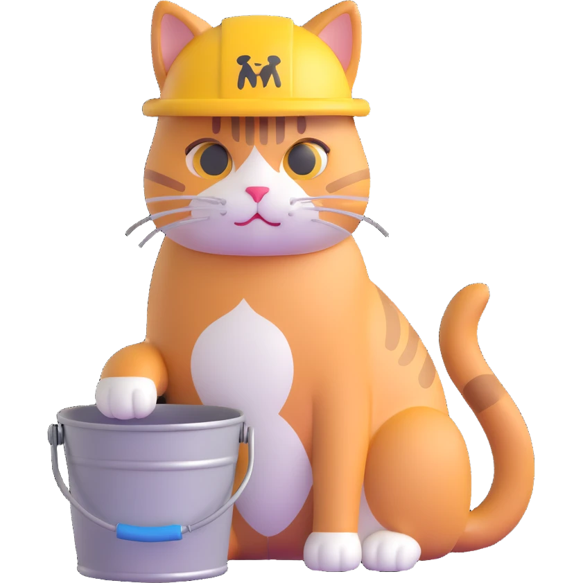 cute cat with a shiny metal bucket on its head, sitting, looking confused emoji