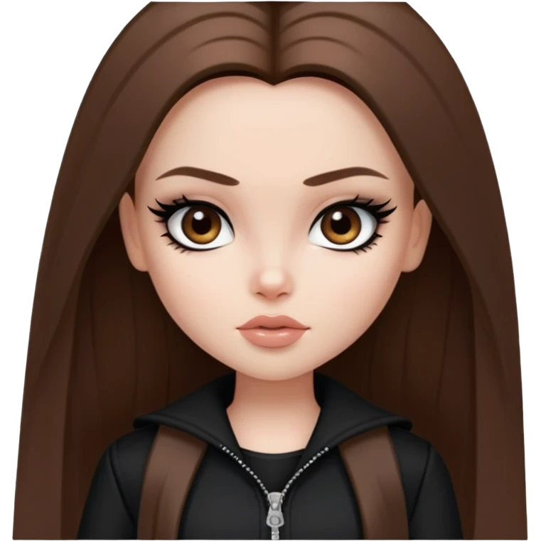 pretty bratz girl, long straight brown hair, brown eyes, black eyeliner, pale skin, black clothes emoji