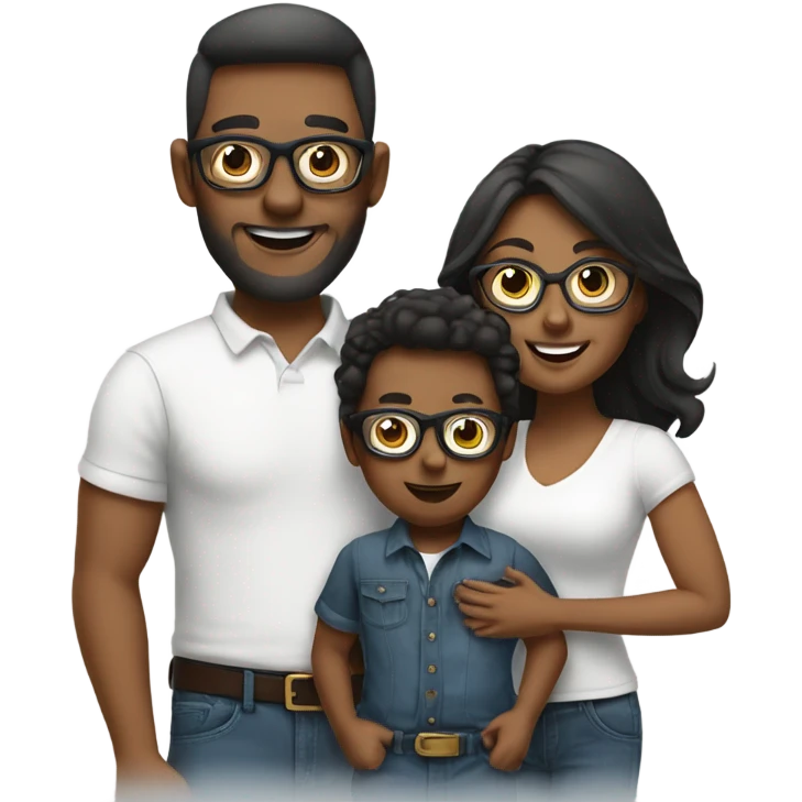 A family of three. Mom dad and toddler son all wearing glasses and jeans with white shirt emoji