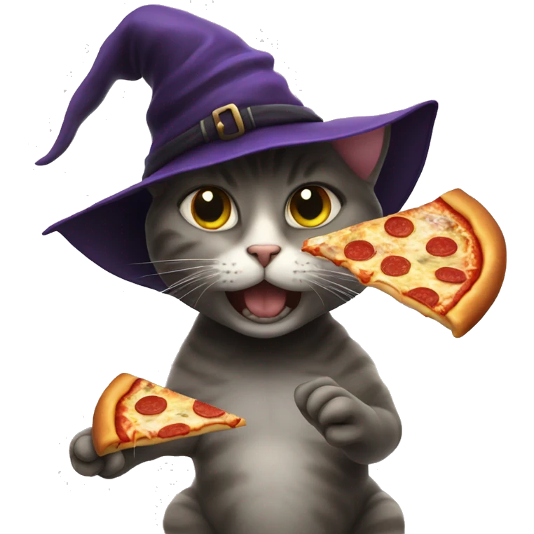 cat in witch hat eating pizza emoji