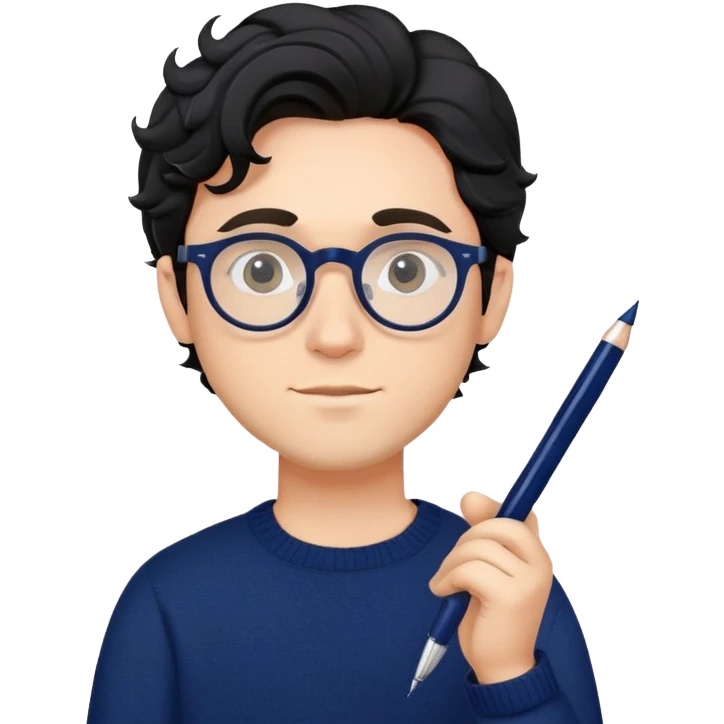 Young caucasian man with black wavy hair, round glasses, navy blue sweater, holding a pen, designer emoji