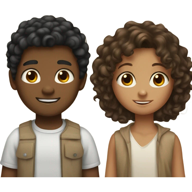 First boy black hair tan , middle girl long brown curly hair , pale boy brown hair emoji
