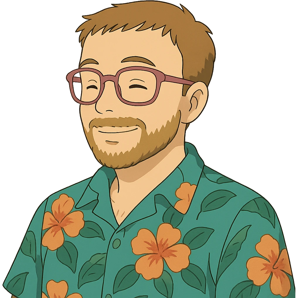 man with light skin tone, short light brown hair and beard, wearing a Hawaiian shirt and pink glasses emoji