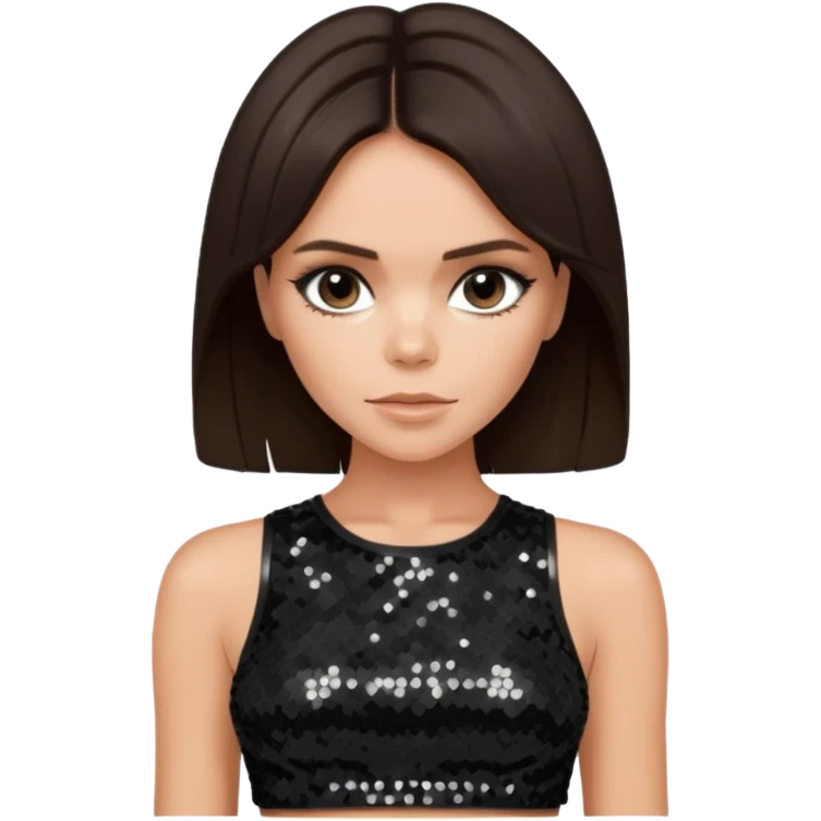 Victoria Beckham with dark brown hair, black sequin crop top emoji
