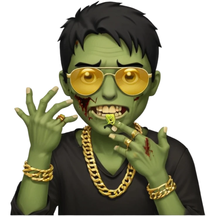 cabelo liso desordenado negro homen con aparencia de zombi y que haga un gesto mostrando los dientes de oro que se agarre la boca con la mano y que sea color piel, ponle unas gafas brasileñas, una camisa negra y que tenga cadenas de oro emoji