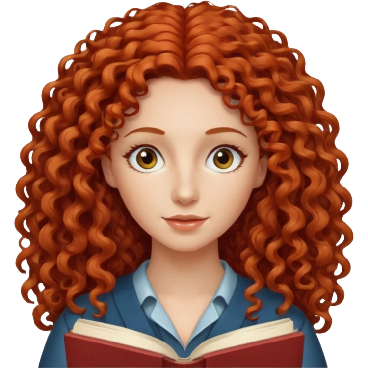 long red and curly haired  women with book with optical  emoji