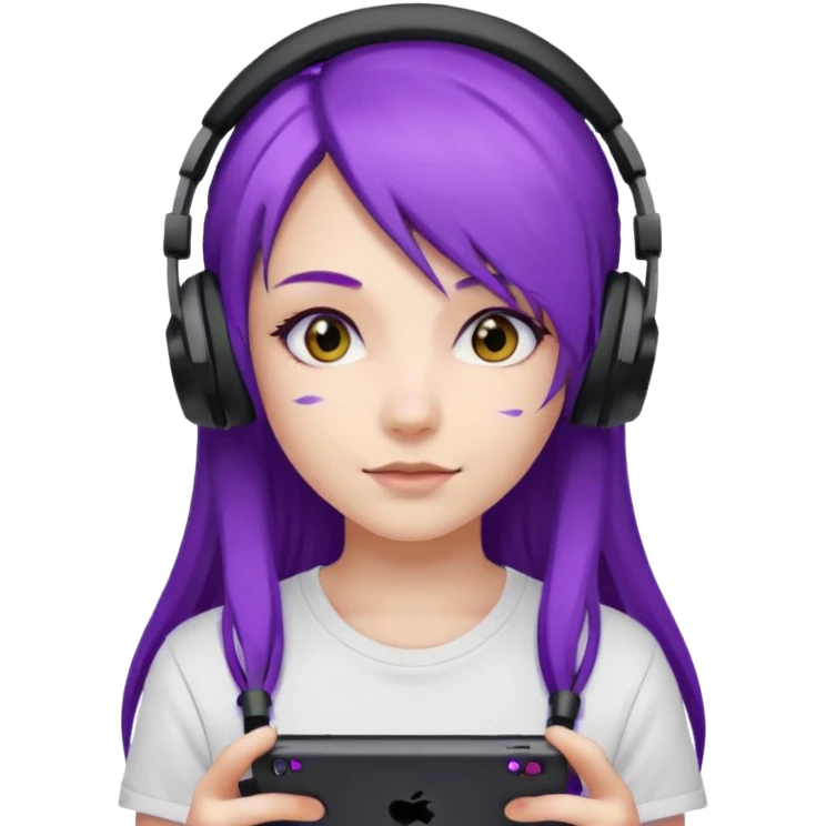 Gamer Girl with black Headset + long Purple Hair, white T-shirt emoji