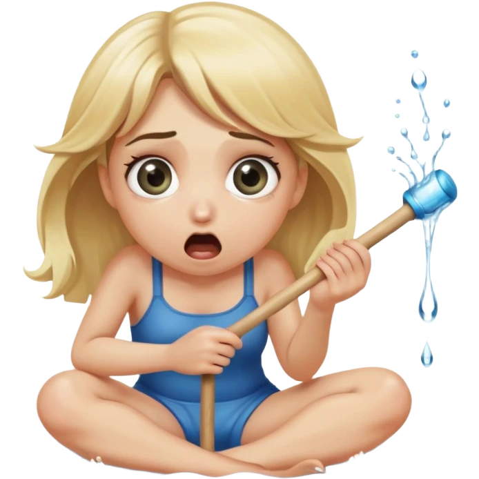 blond woman sitting on her knees with wide eyes, holding a wide skin-colored stick with a D-shaped knob, the knob has skin texture, water squirting from the flat side of the knob into her mouth, shocked face emoji
