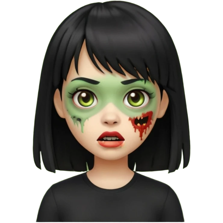 uma garota zumbi no formato Memoji da apple com o cabelo cumprido, preto liso e com franja, blusa preta emoji