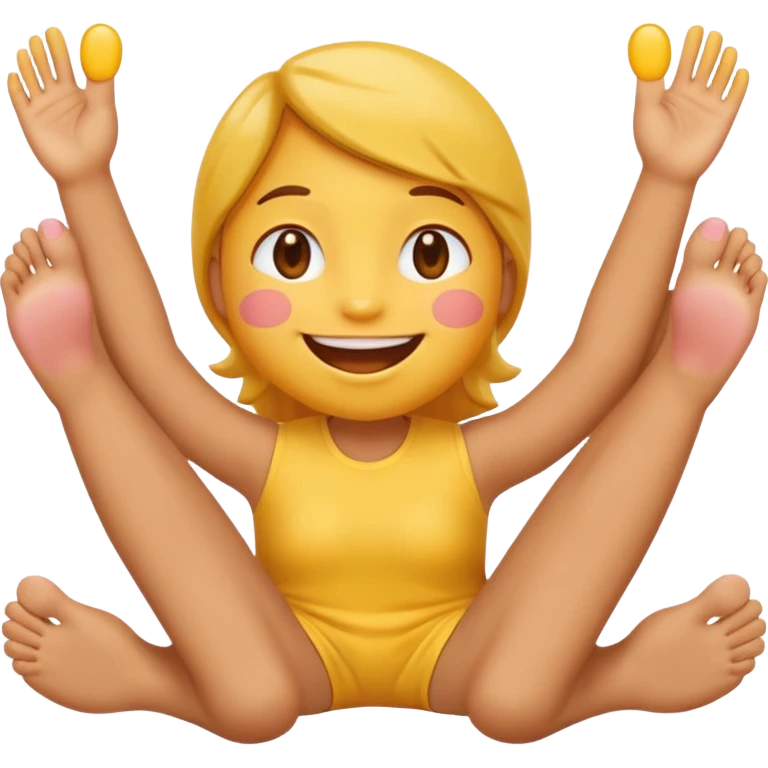 regular yellow emoji blushing with a slight smile eith hands on face eith no body just feet the head and the hands. hands on face on the bottom sides with feet in the back while blushing emoji