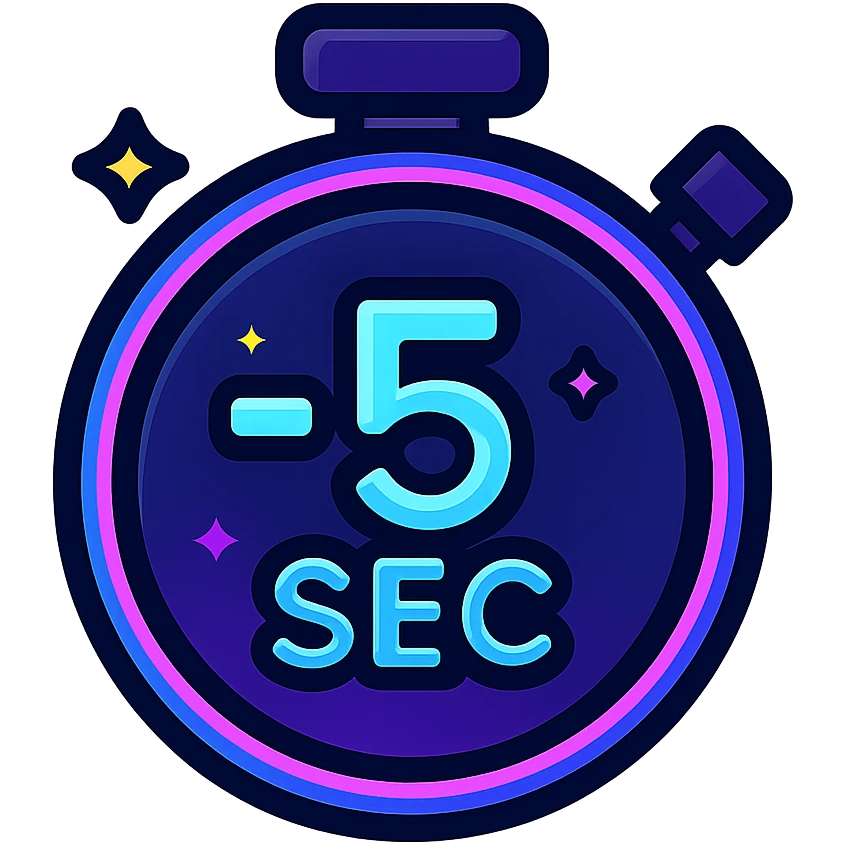 -5 sec icon with dark purple, blue, and black base, bright accents, complex gradients, stars, bright neon border, modern clean -5 seconds symbol, glow and lighting effects, sophisticated futuristic icon style emoji