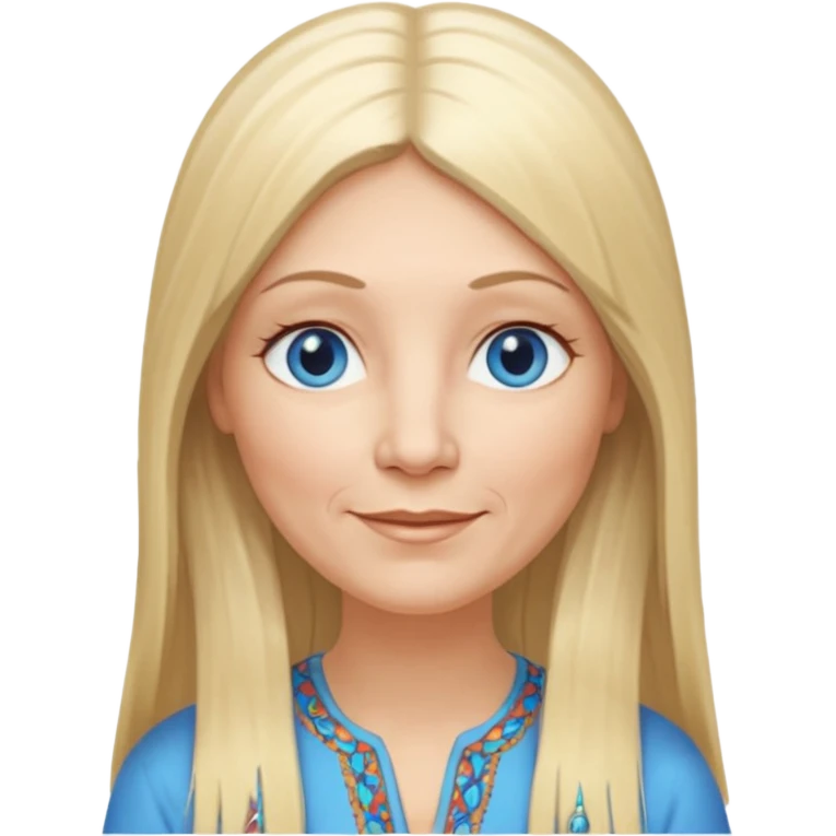 50 yr old white woman, hippe part bangs, very long straight blond hair, oval face, small smile, blue eyes, thin face, hair downback, hair parted at center of head, round cheeks, pale, longer hair emoji
