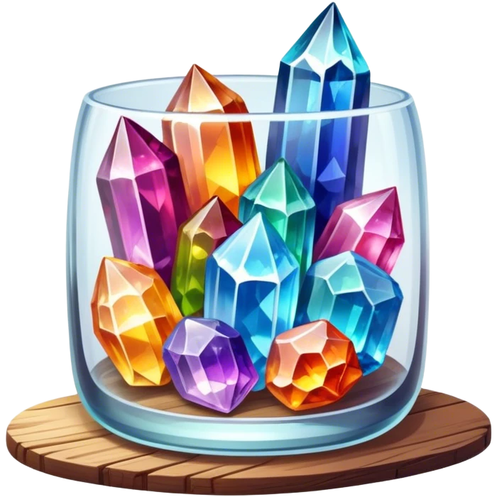 Close-up of vibrant, multicolored crystals growing in a glass container on a wooden table. Crystals in shades of purple, blue, green, pink, and clear are forming in various shapes and sizes. Soft light shines on them. Cozy indoor setting with plants and soft decor in the background. emoji