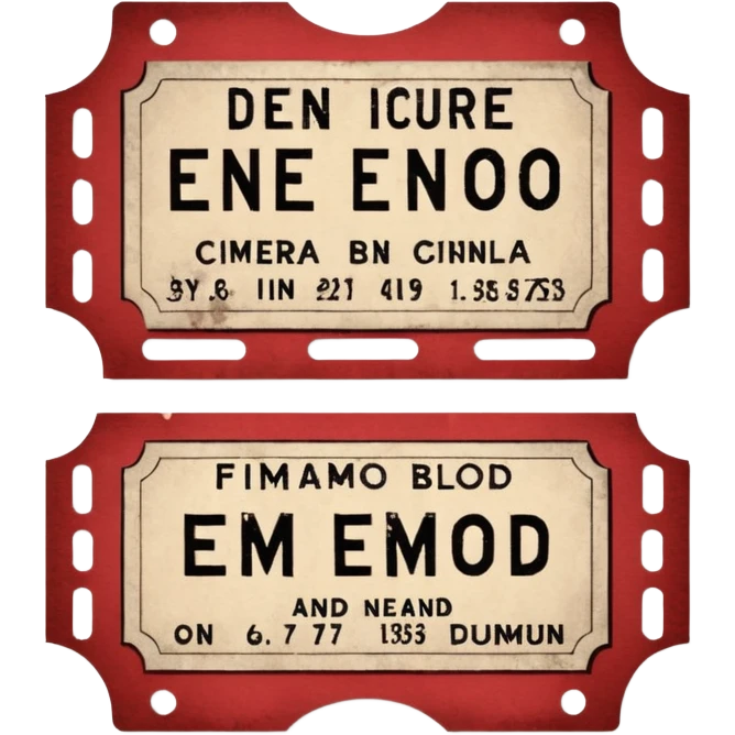 Minimalist emoji-style sticker of an old torn cinema ticket, with faded text “EMMO”, blood-stained edges and burn holes, grayscale paper

 emoji