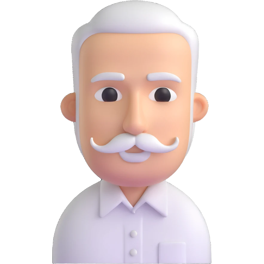man with oval-shaped flat-top head, bushy white mustache, wearing a white shirt with three white buttons emoji