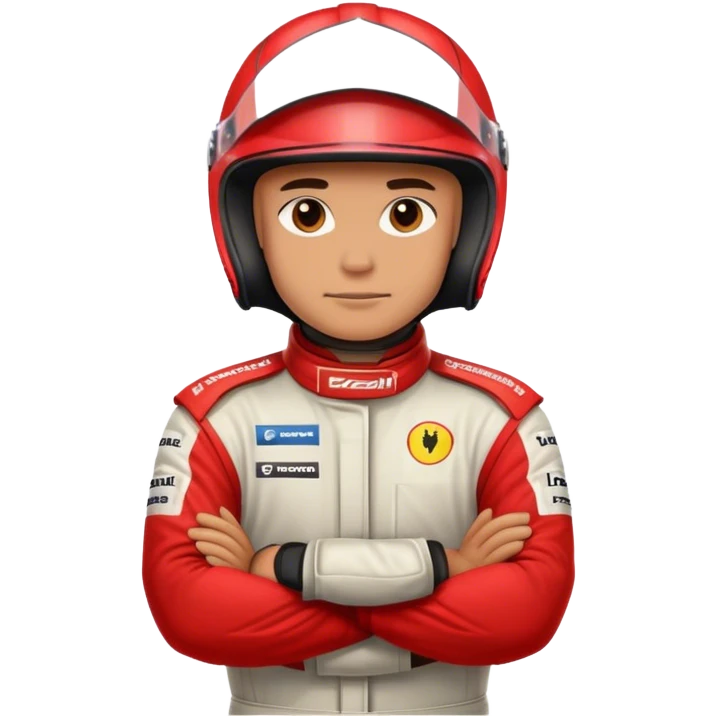 Formula 1 racing driver wearing full face red helmet and clothing with arms crossed headshot  emoji