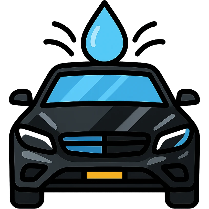 full high-end vehicle icon with glossy black mirror-like paint, strong mirror-like reflections and shine on the surface, water droplet sliding on the hood or roof, subtle repellent effect with water lines moving away, modern and clean style emoji