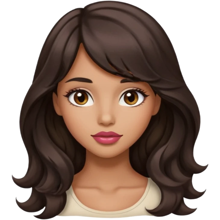 beautiful girl with black wavy long hair and side-swept bangs, tan skin, rose-coloured lips and hazel eyes who looks like a model emoji