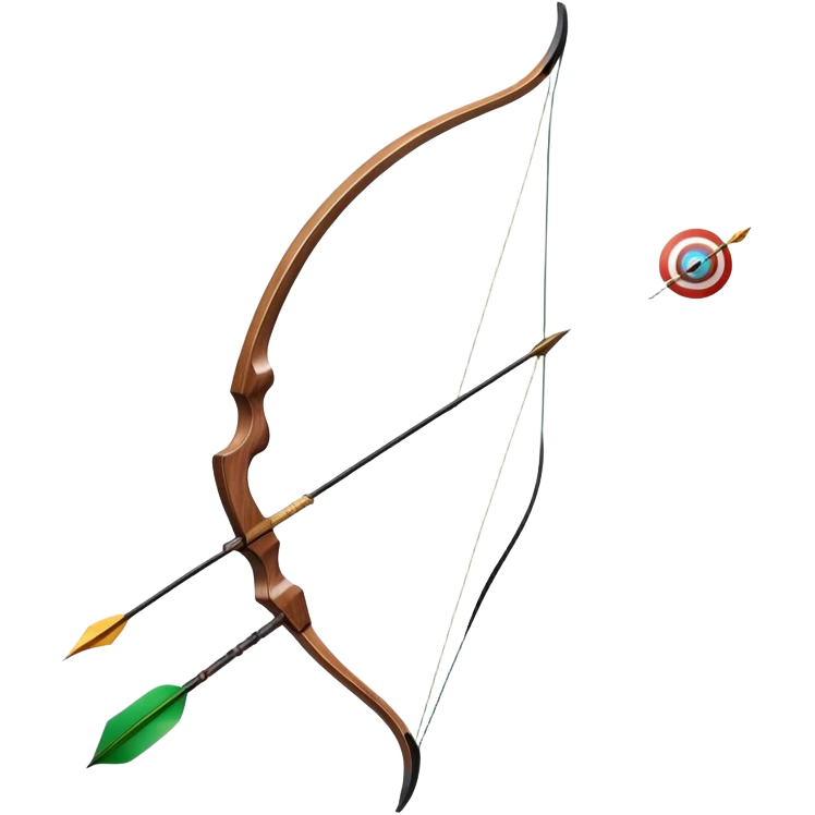 A professional recurve bow with an arrow nocked, ready to be released. The target features concentric rings, placed at a distance. The emphasis is on the bow, arrow, and target, highlighting the precision, focus, and skill involved in competitive archery. emoji