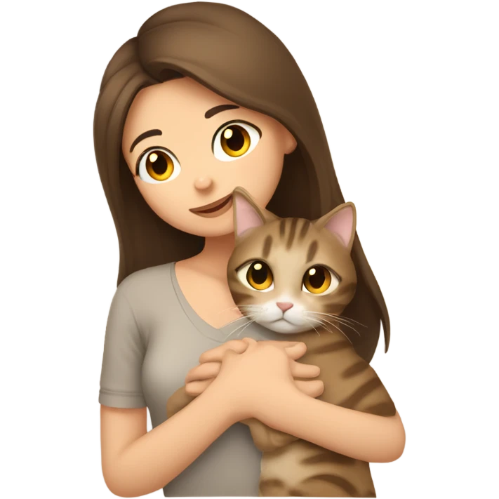 brunette hair girl snuggling beige tabby cat emoji