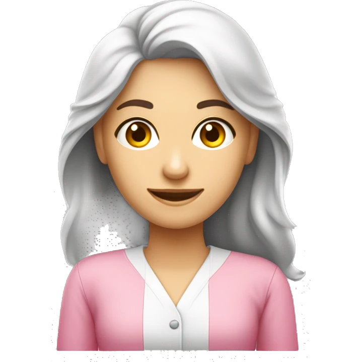 Mulher branca, Nutricionista com jaleco cor de rosa, cabelo muito longo, boca pequena, olhos e cabelos castanhos, roupa cor rosa.  emoji