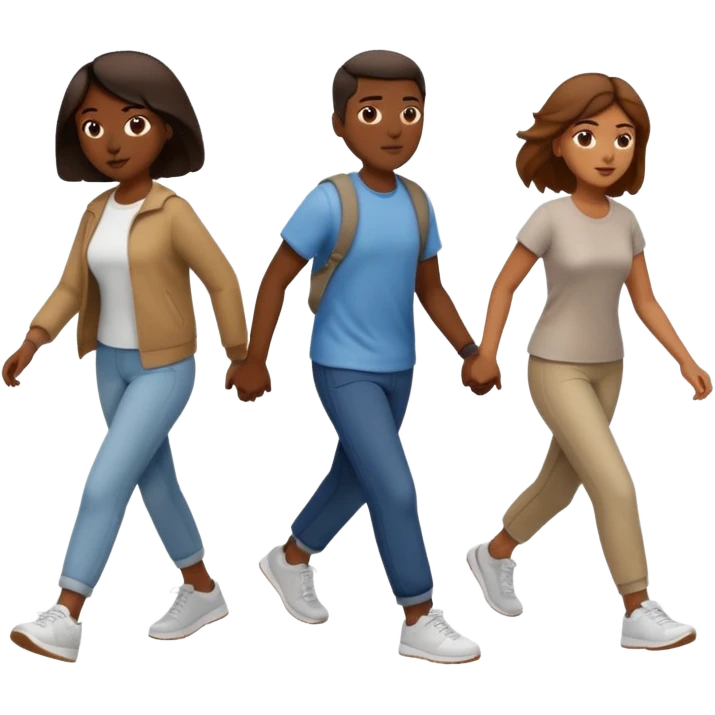 iOS emoji style - a dark men and 2 brown women in casual clothes and wearing trainers. Walking in the same direction quickly together. 
Not holding hands. No backpacks. 
 emoji