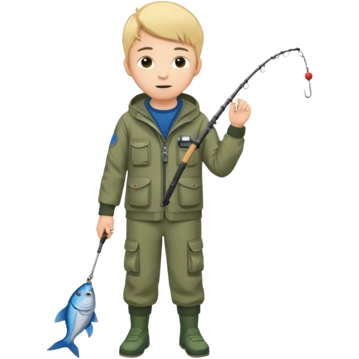 Boy in fishing suit looking at his wristwatch, full body emoji