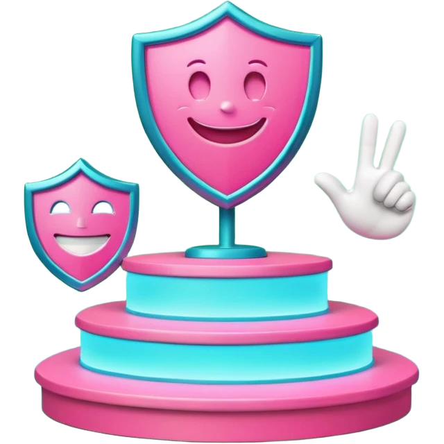 Minimalist 3D emoji-style podium with 2 steps on a green chroma key background. Step 1 (higher) features a handshake icon with blue neon glow. Step 2 (lower) features a smiling tooth with a shield icon and pink neon glow. Clean rendering, soft colors, uniform lighting. emoji