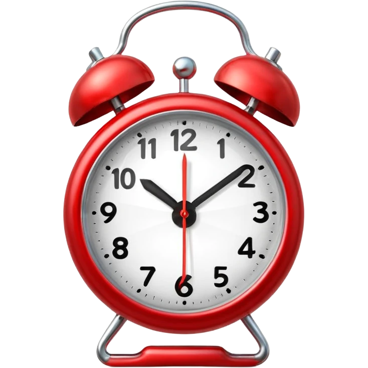 “Classic alarm clock emoji ⏰ in clean 3D style, smooth rounded clock body, bright red color, shiny metallic bells, ultra-glossy plastic texture, reflective surface, clear clock face with simple hands, soft studio lighting, subtle highlights, cute emoji proportions, ultra-polished 3D look,  emoji