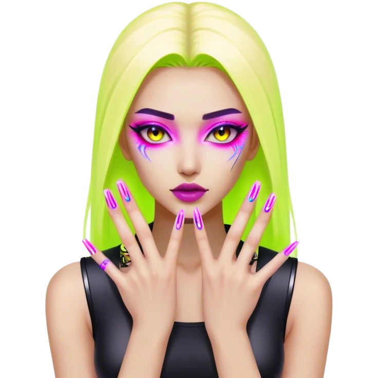 cyberpunk style neon 
manicure with long nails shows fak emoji